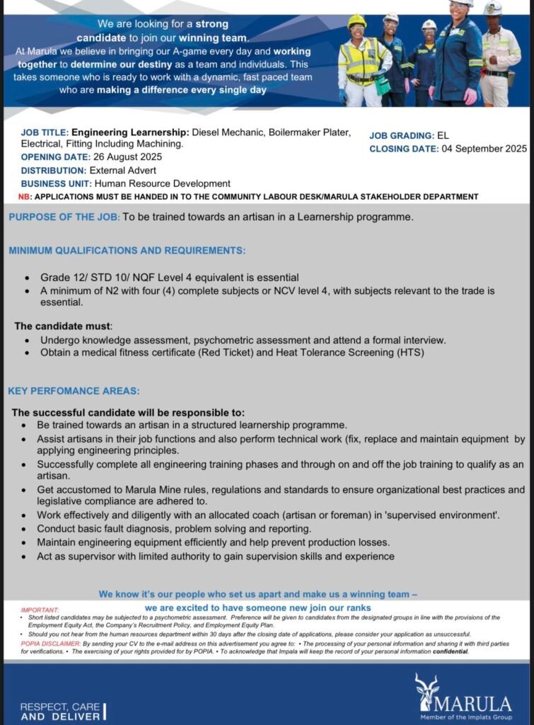 Marula Platinum Mine Engineering Learnership Programme 2025