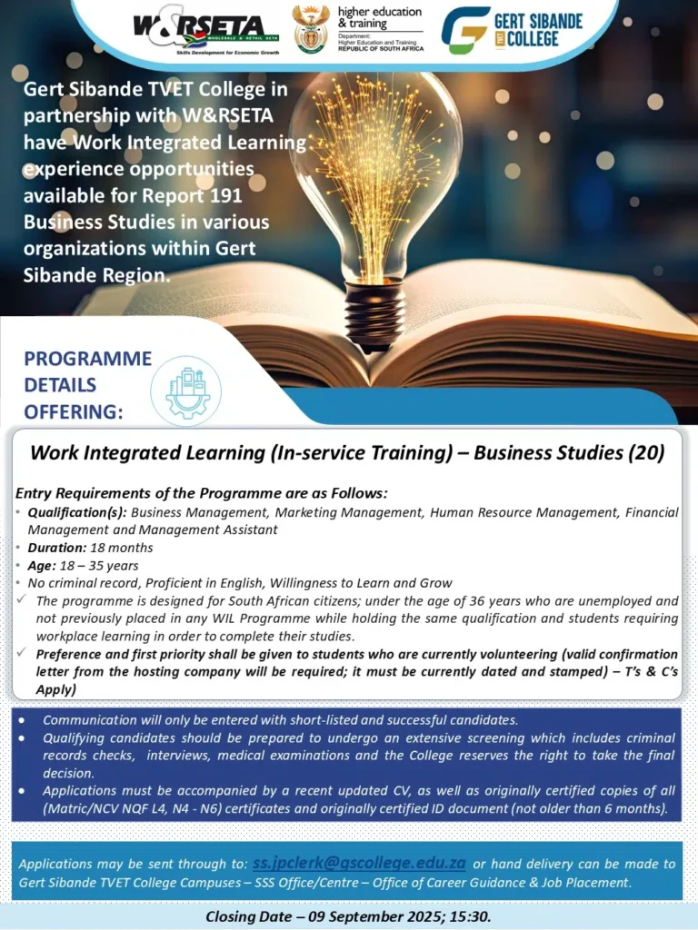 Gert Sibande TVET College & W&RSETA Work Integrated Learning Opportunities 2025