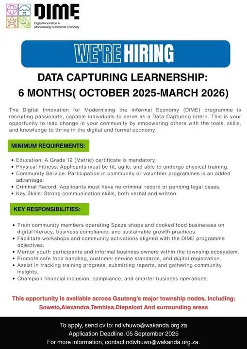 DIME Data Capturing Learnership Programme 2025