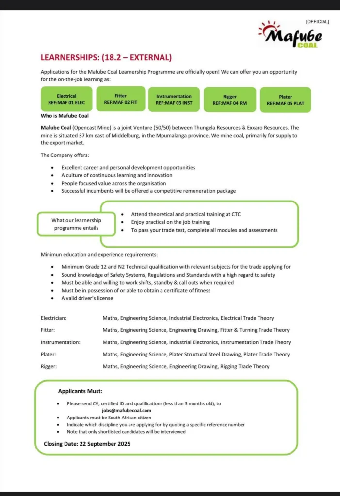 Mafube Coal (Opencast Mine) Artisan Learnership Programme 2025