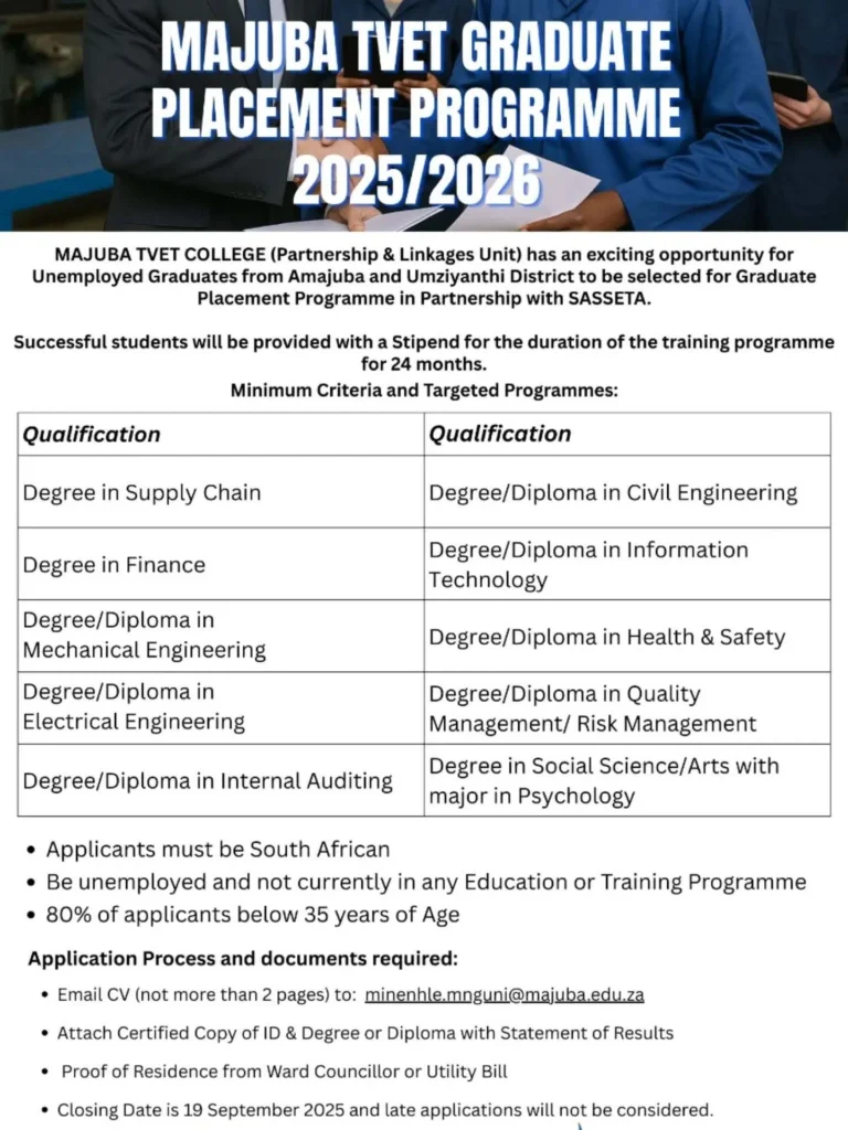 Majuba TVET College & SASSETA Graduate Placement Programme 2025/2027