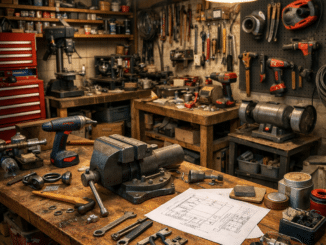 Busy workshop with tools and projects