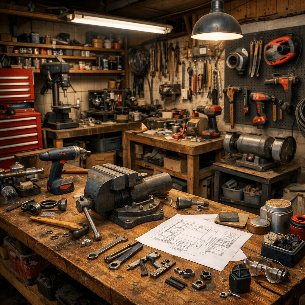 Busy workshop with tools and projects