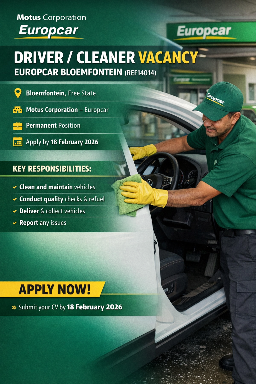 Driver cleaner vacancy at Europcar Bloemfontein