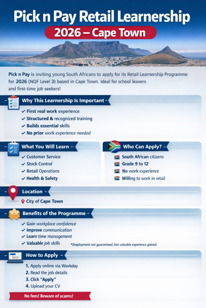Pick n Pay Retail Learnership 2026 – Cape Town 1 Pick n Pay Retail Learnership 2026 guide