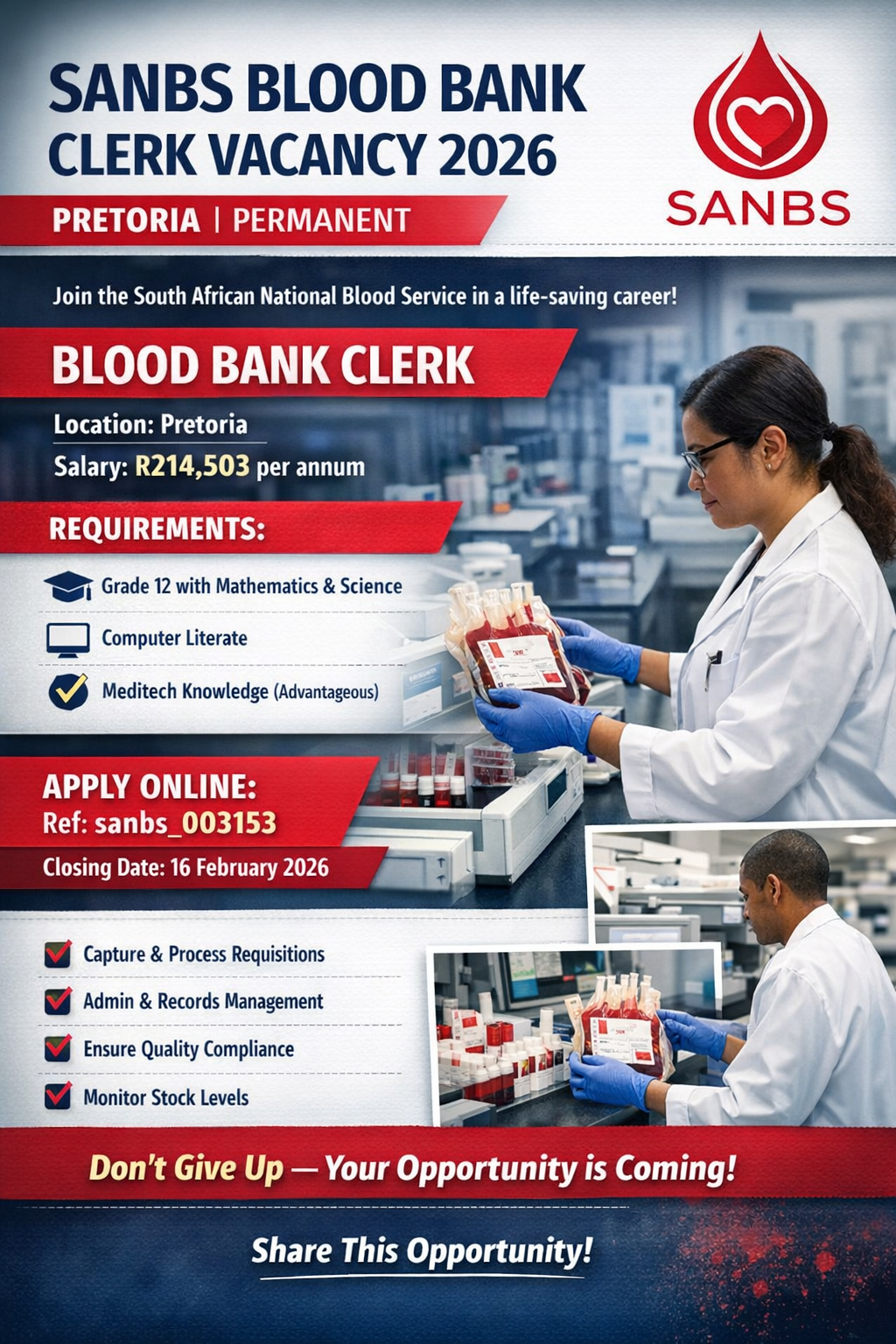 SANBS blood bank clerk vacancy Pretoria