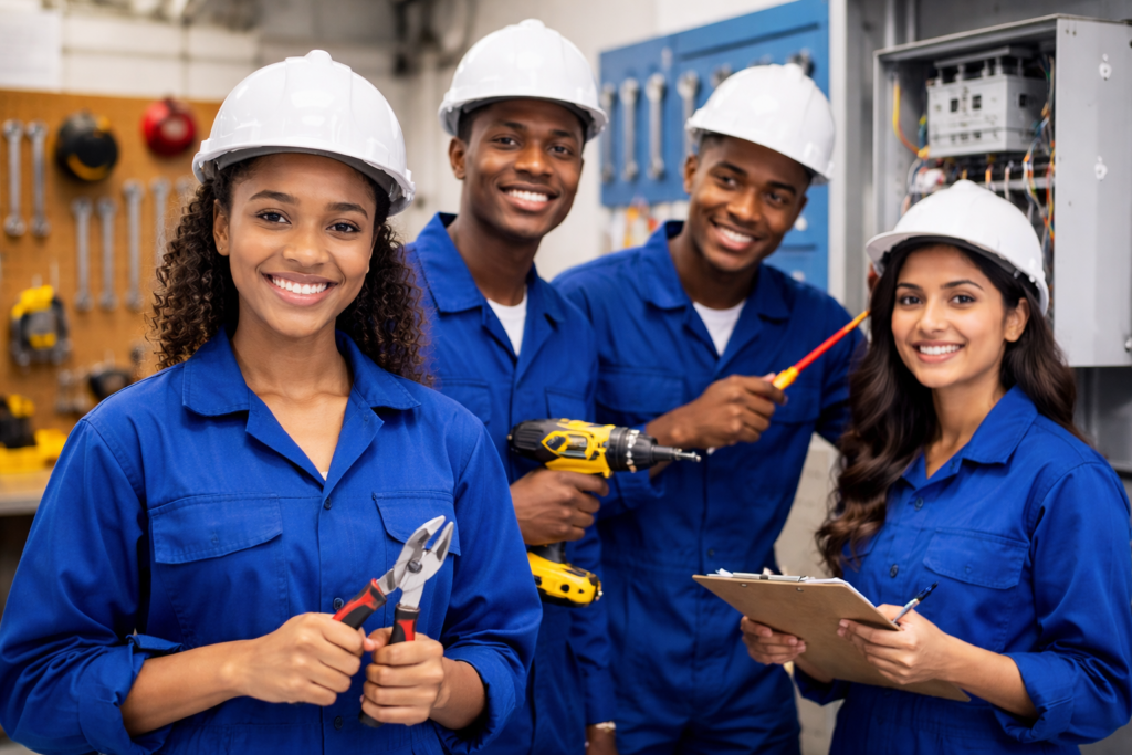 Smiling trainees in a technical workshop