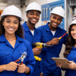 Smiling trainees in a technical workshop
