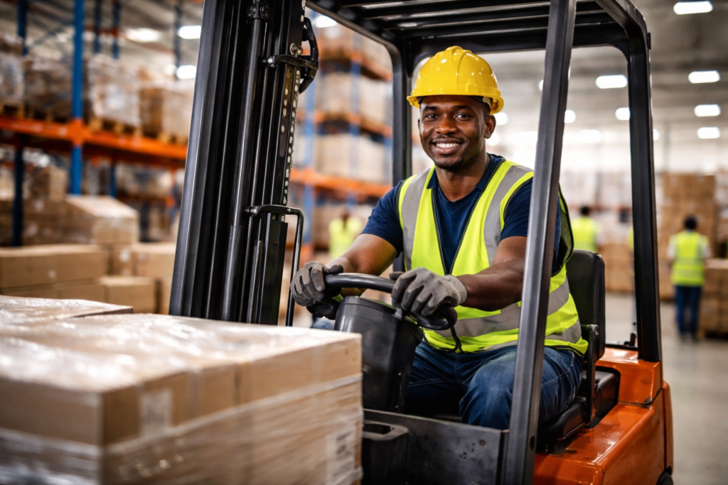 Warehouse worker operating forklift in action