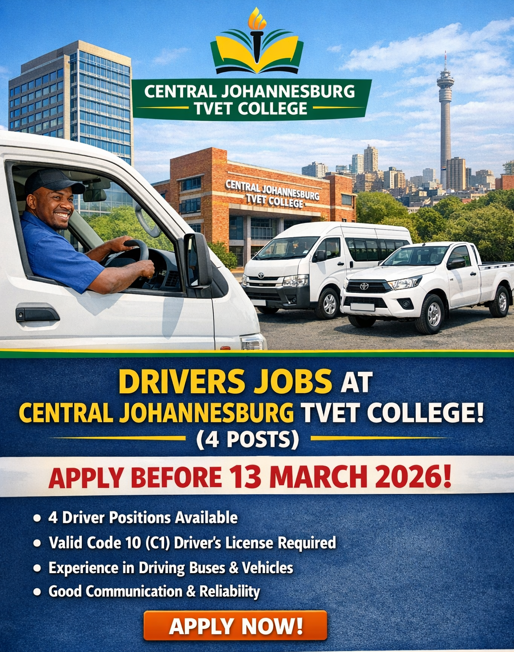 Drivers Jobs at Central Johannesburg TVET College (4 Posts) – Apply Before 13 March 2026 2 ChatGPT Image Mar 4 2026 01 59 04 PM