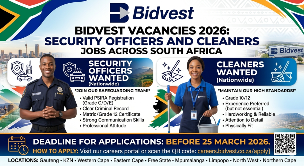 Bidvest Vacancies 2026: Security Officers and Cleaners Jobs Across South Africa (Apply Before 25 March 2026) 1 image 14f451ed1